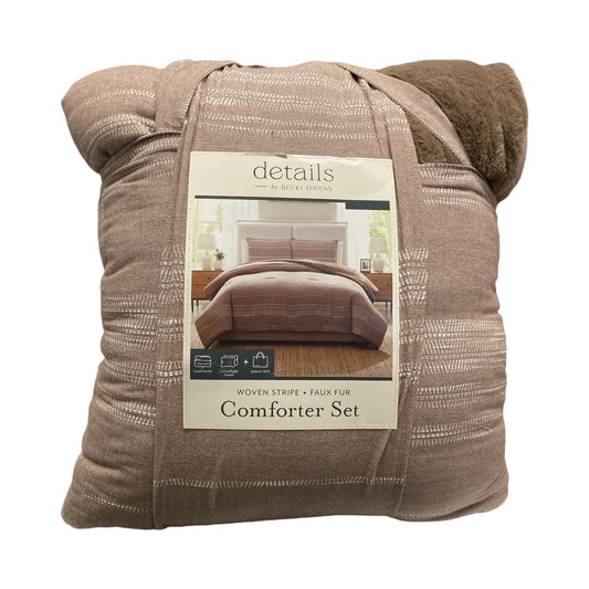 Details by Becki Owens Woven Stripe Comforter Set with Faux Rabbit Fur Full/Queem - Bellso