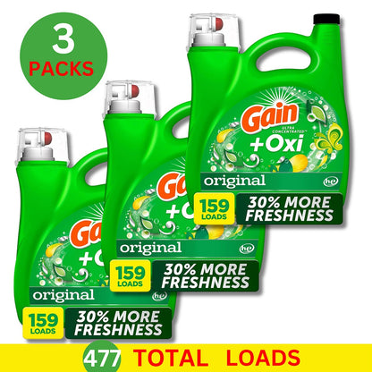 Gain + Oxi Liquid Laundry Detergent Original, 159 Loads, 170 Fl. Oz - 3 Bottles