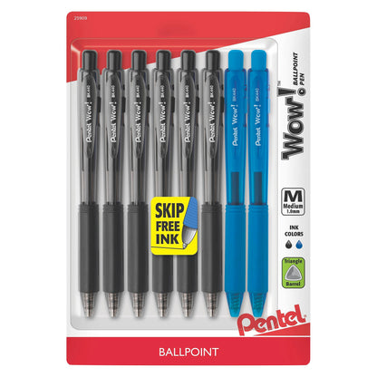 8ct Wow! Ballpoint Pens 1mm Black/Blue/Red - Pentel: Retractable Click Pens for Art & Office, 8 Pack - Bellso