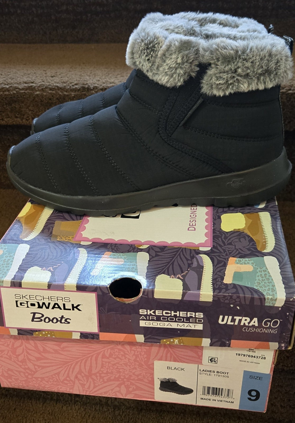 Skechers Womens Size 9 Boots Go Walk Air Cooled Goga Mat Black Walking Faux Fur - Bellso