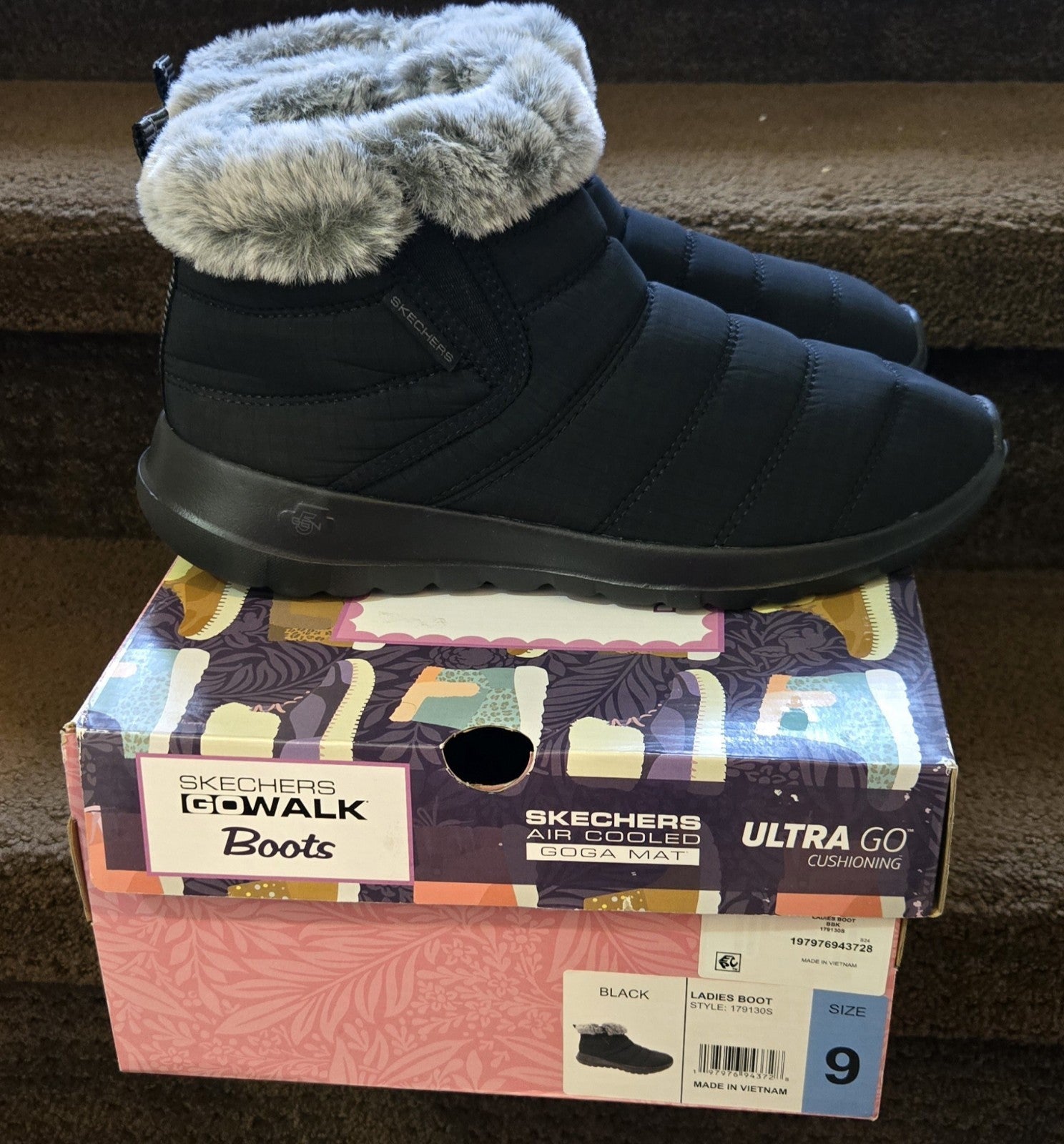 Skechers Womens Size 9 Boots Go Walk Air Cooled Goga Mat Black Walking Faux Fur - Bellso