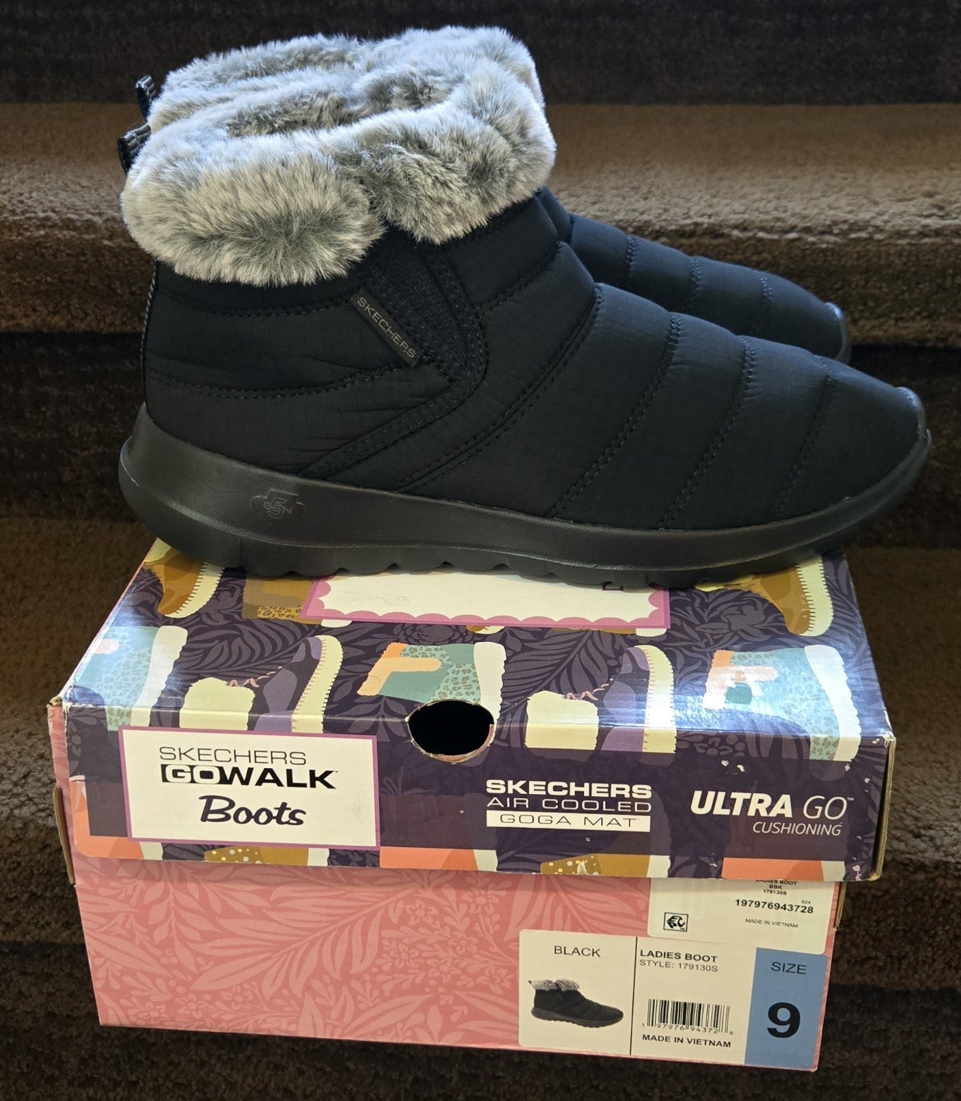 Skechers Womens Size 9 Boots Go Walk Air Cooled Goga Mat Black Walking Faux Fur - Bellso