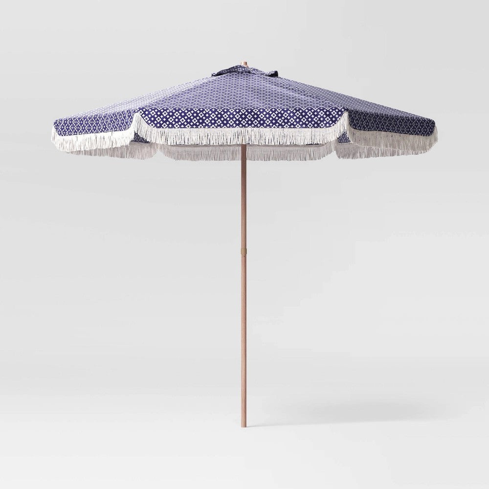 7.5' Quatrefoil Fringe Edge Outdoor Round Patio Market Umbrella Navy Blue with Faux Wood Pole - Threshold - Bellso