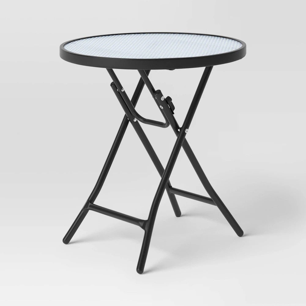 Glass Round Printed Folding Outdoor Portable Side Table Blue/White/Black - Room Essentials™ - Bellso