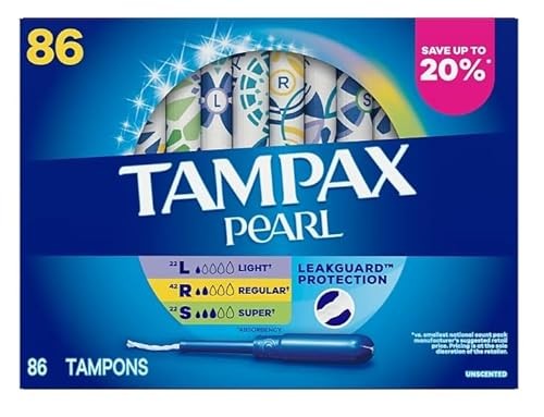 Tampax Pearl Tampons Multipack, with LeakGuard Braid, Light/Regular/Super Absorbency, Unscented, 86 Ct.