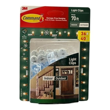 3M Command Damage Free Indoor/Outdoor Clear Light Clips  36 Clips  40 Strips