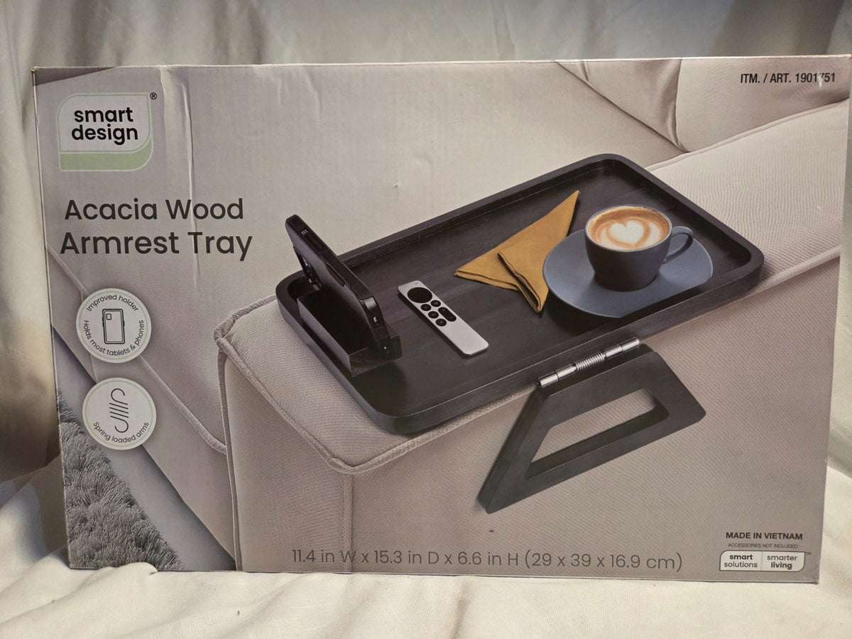 Smart Design Acacia Armrest Tray  Black  Non-Slip Sofa Arm Clip Table for Drinks  Snacks & Devices