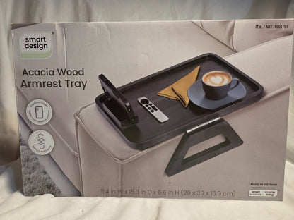 Smart Design Acacia Armrest Tray  Black  Non-Slip Sofa Arm Clip Table for Drinks  Snacks & Devices