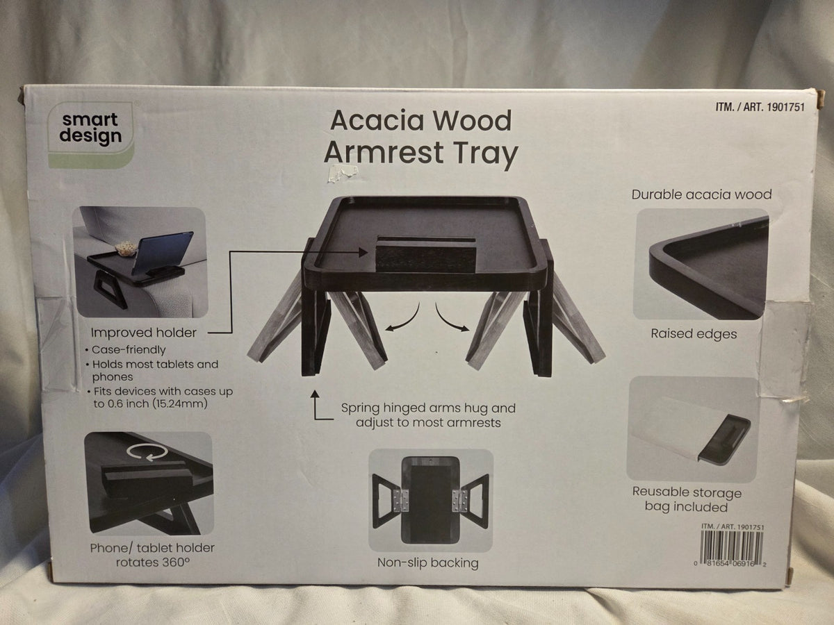 Smart Design Acacia Armrest Tray  Black  Non-Slip Sofa Arm Clip Table for Drinks  Snacks & Devices