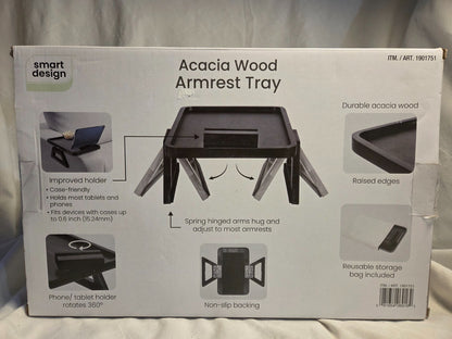 Smart Design Acacia Armrest Tray  Black  Non-Slip Sofa Arm Clip Table for Drinks  Snacks & Devices