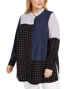 ALFANI Womens Navy Color Block Long Sleeve Crew Neck Button up Top Plus 1X - Bellso