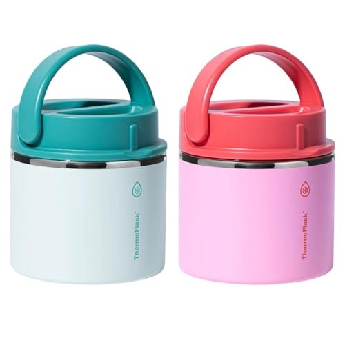 ThermoFlask 20 Oz Insulated Food Jar, Leakproof Stainless Steel Food Containers, 2-Pack (Teal & Cherry)