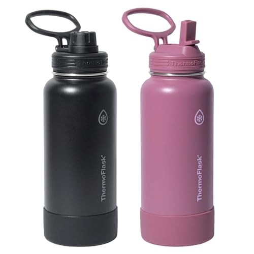 ThermoFlask Stainless Steel Water Bottle, 32 Oz, Double Wall Vacuum Insulated, Leakproof, 2-Pack (Black/Pink)