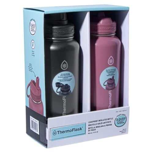 ThermoFlask Stainless Steel Water Bottle, 32 Oz, Double Wall Vacuum Insulated, Leakproof, 2-Pack (Black/Pink)