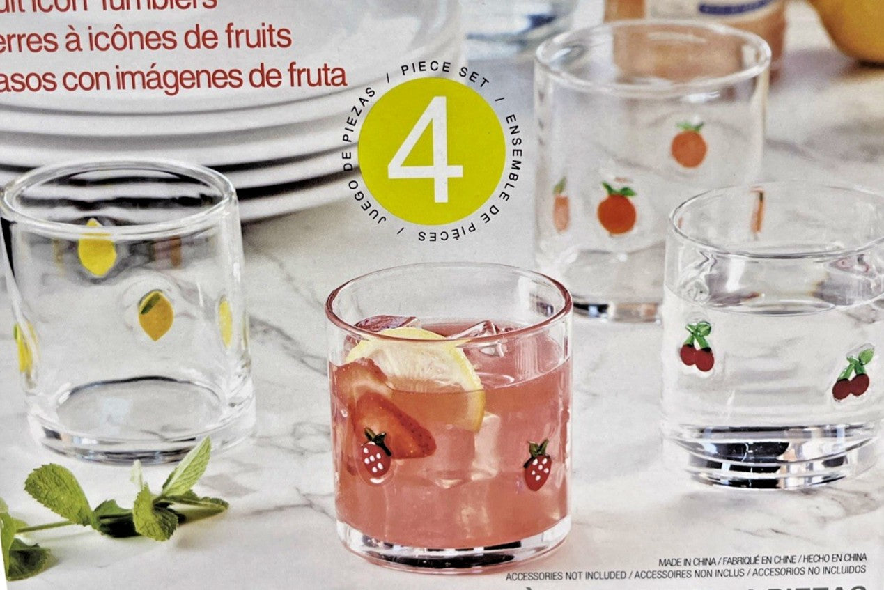 Pandex Fruit Icon Glass Tumblers Set of 4 14 Oz Round Clear Drinking Glasses NIB