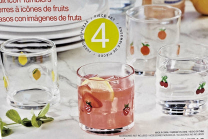Pandex Fruit Icon Glass Tumblers Set of 4 14 Oz Round Clear Drinking Glasses NIB