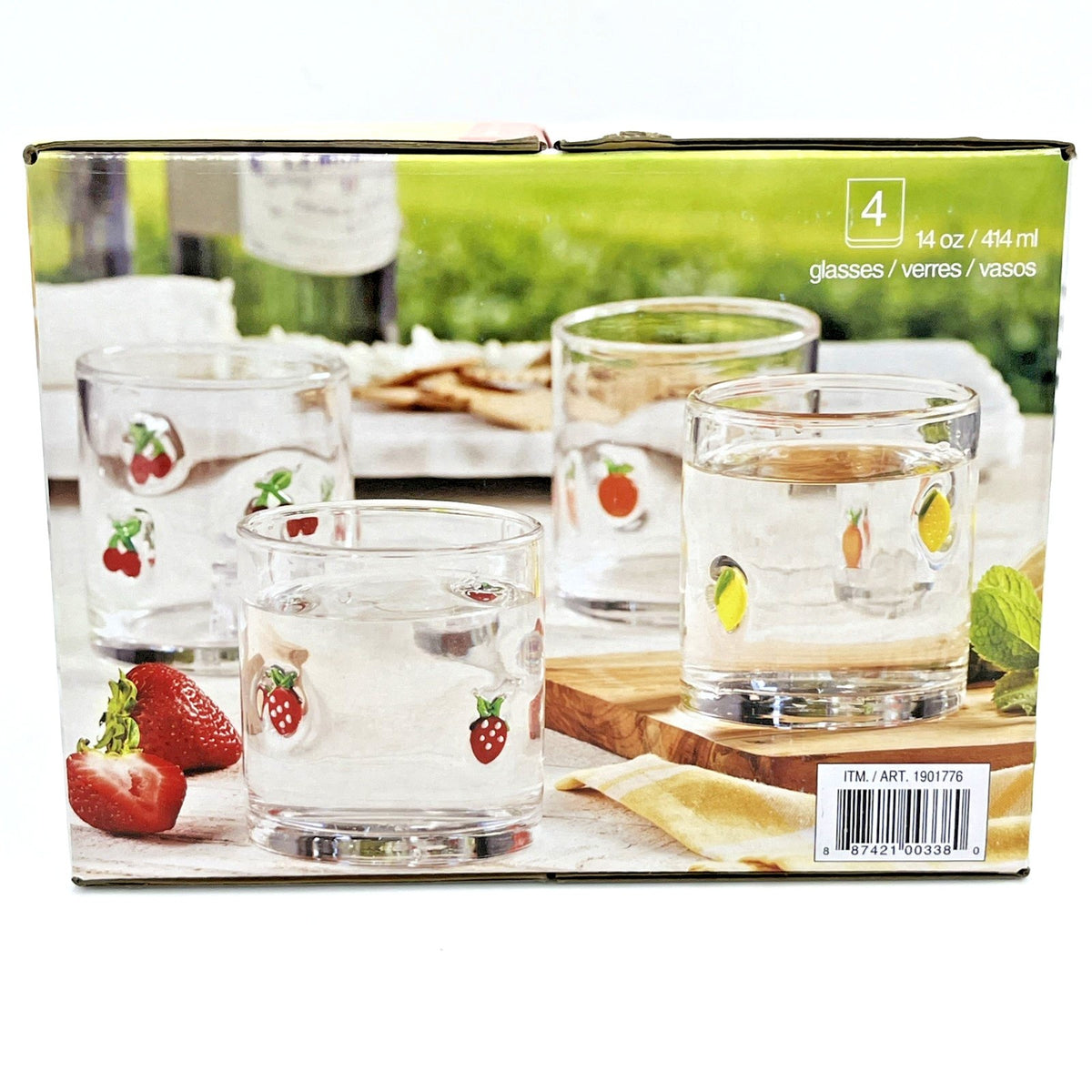 Pandex Fruit Icon Glass Tumblers Set of 4 14 Oz Round Clear Drinking Glasses NIB