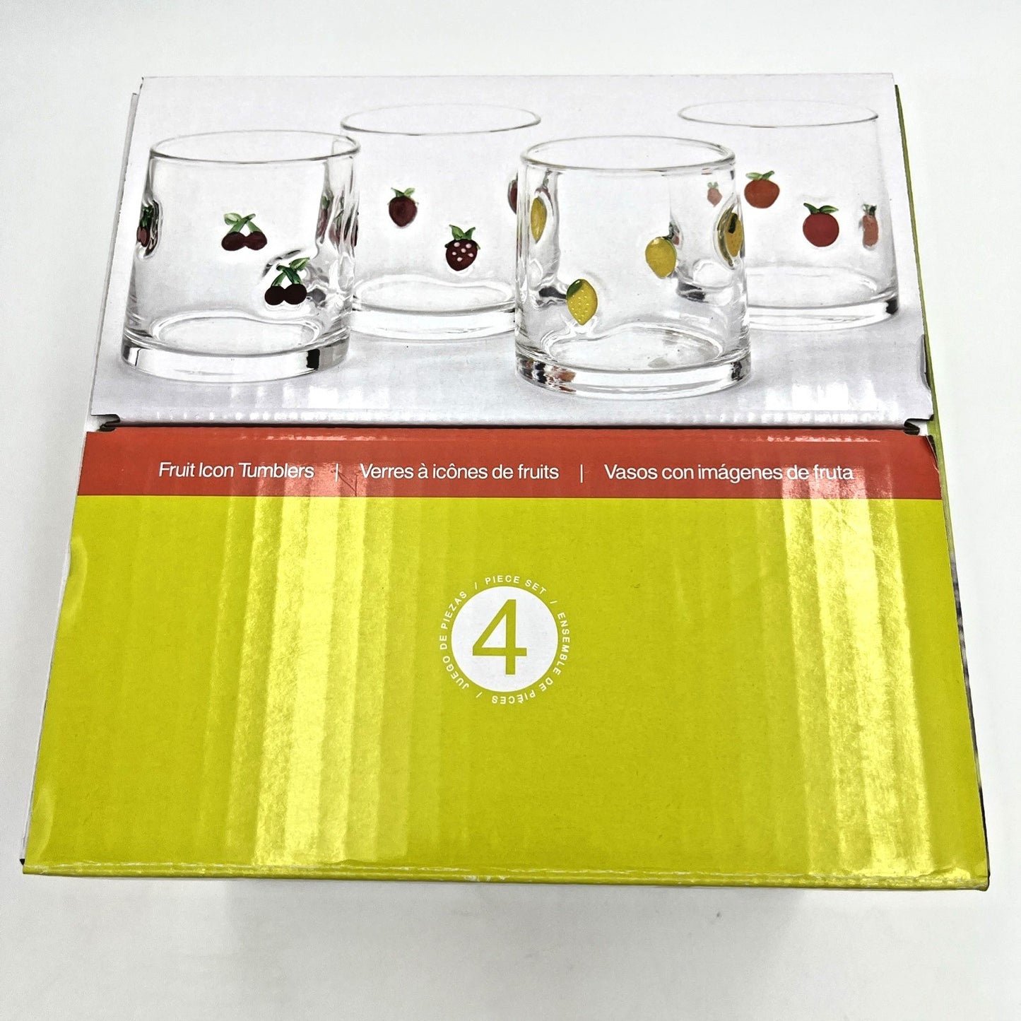 Pandex Fruit Icon Glass Tumblers Set of 4 14 Oz Round Clear Drinking Glasses NIB