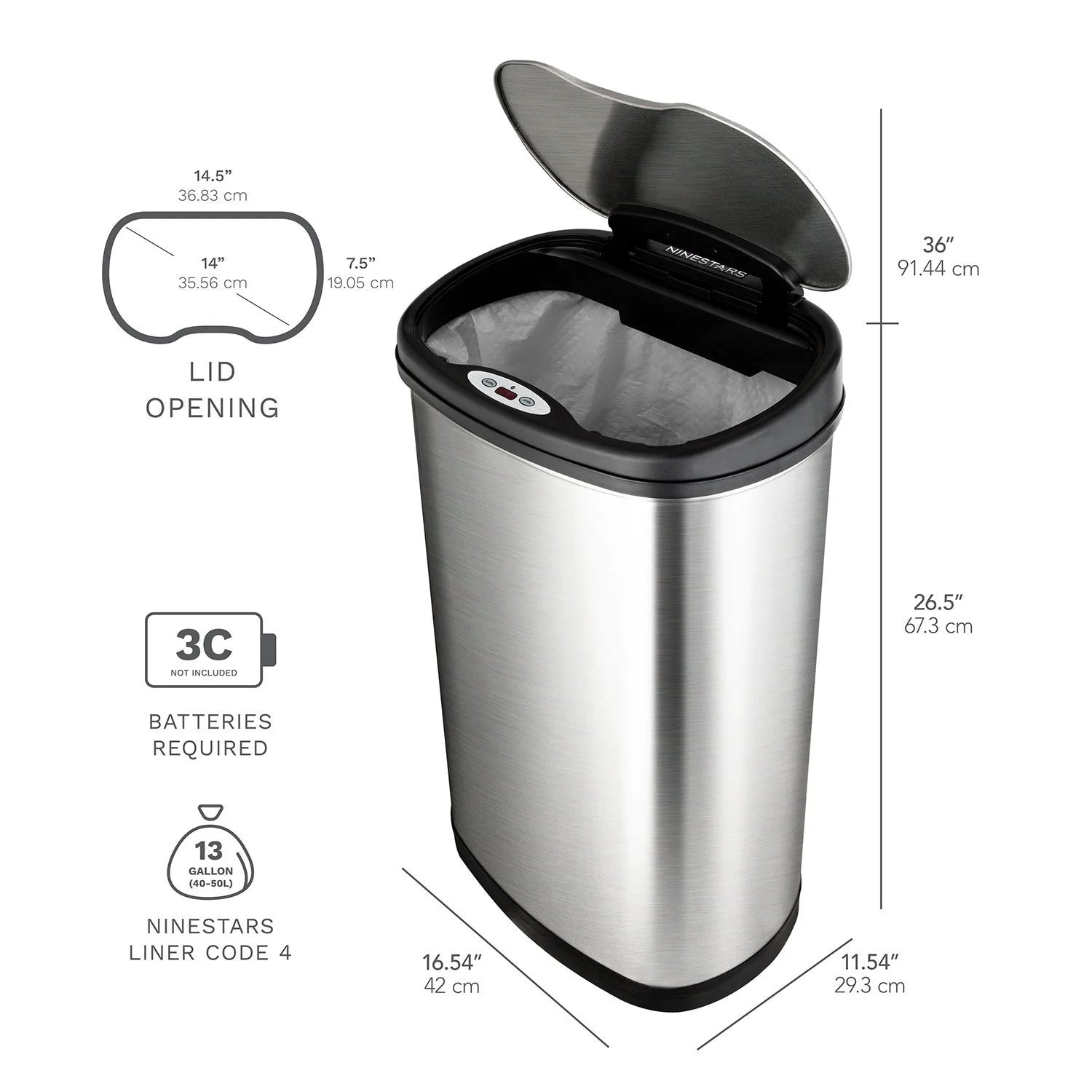 Ninestars 13 Gal & 3 Gal Automatic Touchless Oval Infrared Motion Sensor Trash Can, Silver & Black - Bellso