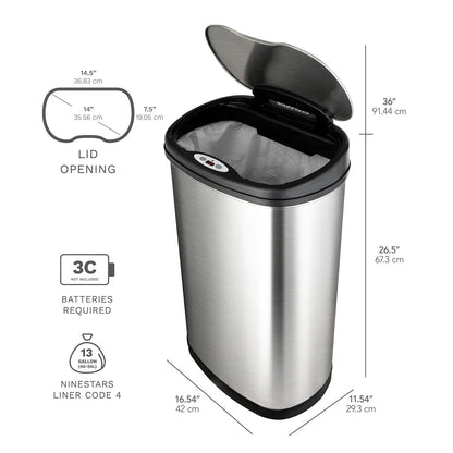 Ninestars 13 Gal & 3 Gal Automatic Touchless Oval Infrared Motion Sensor Trash Can, Silver & Black - Bellso