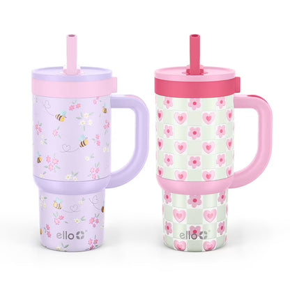 Ello 14oz Stainless Steel Kids Leak Proof Retractable Straw 2 Pack Tumbler Set