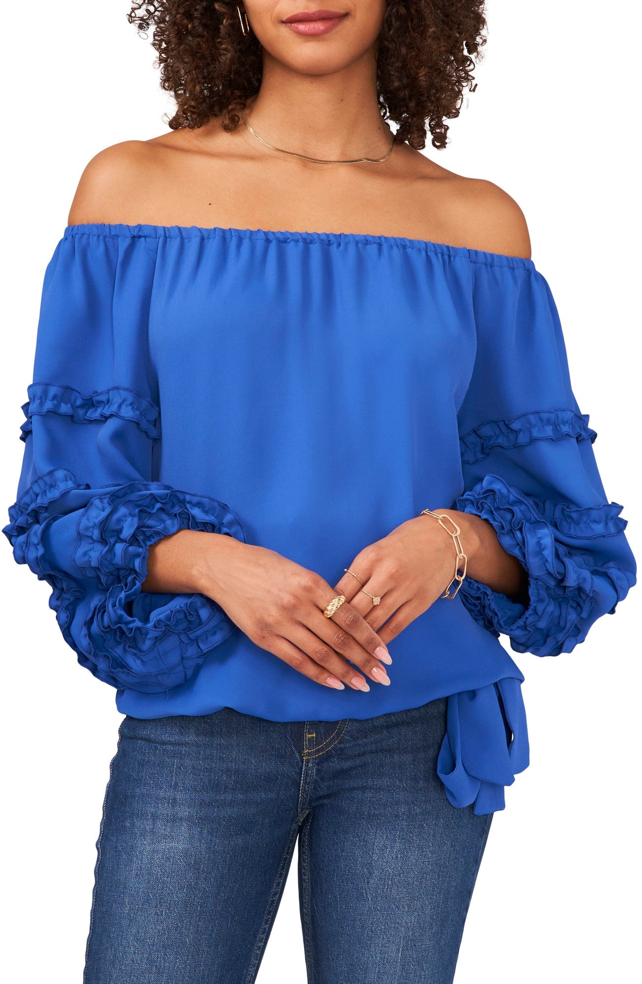 Vince Camuto Women S Off the Shoulder Frill Sleeve Blouse Blue Size X-Small - Bellso