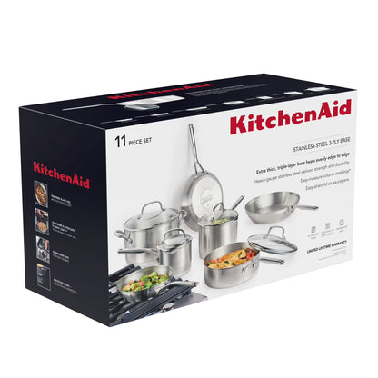 KitchenAid 3-Ply Base Stainless Steel 11-Piece Cookware Set, Brushed Stainless Steel