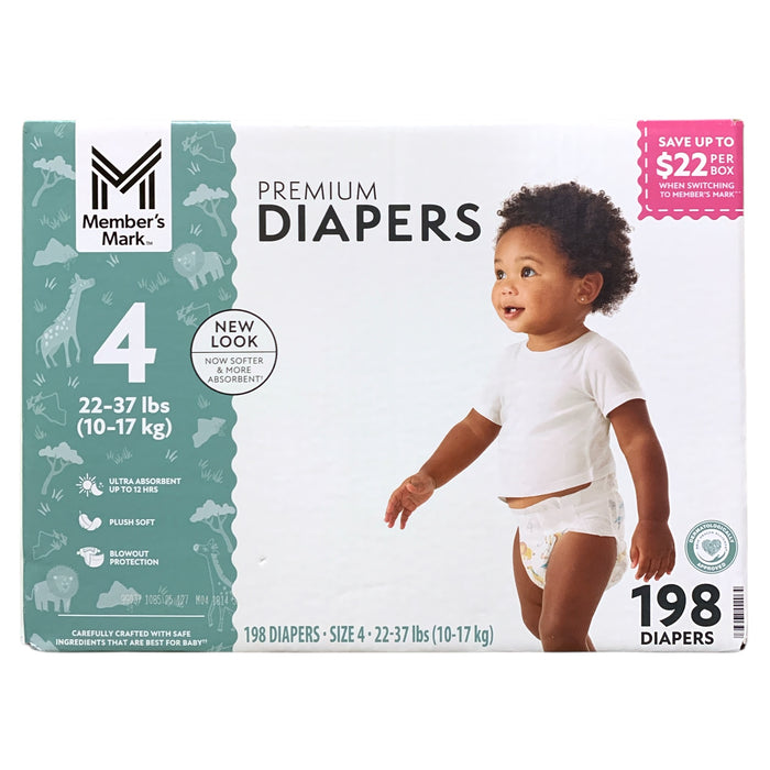 Member's Mark Premium Diapers, Hypoallergenic, Size 4 (22-37lbs.), 198 Count
