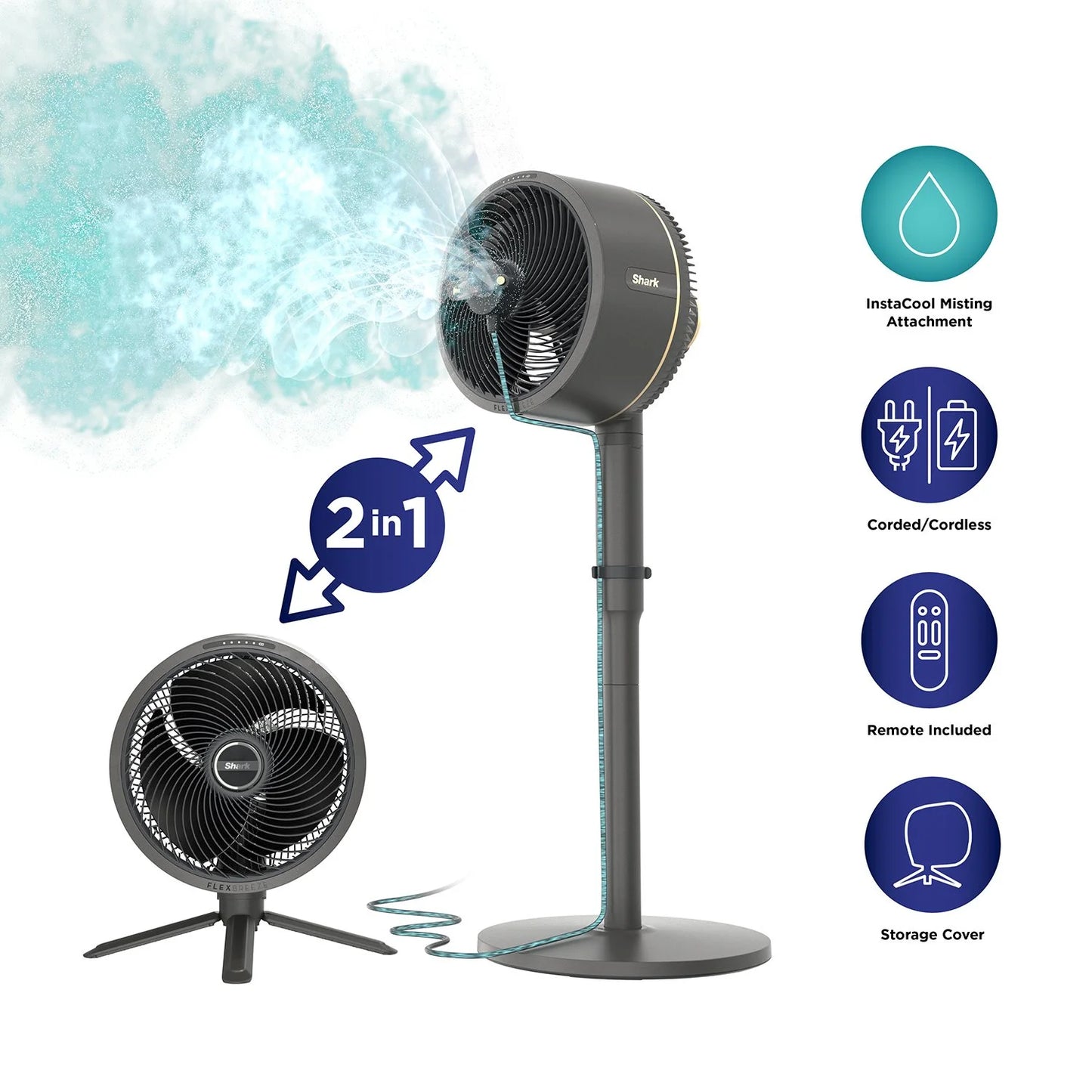 Shark FA225 FlexBreeze Indoor/Outdoor Fan with InstaCool Mist Attachment, - Bellso