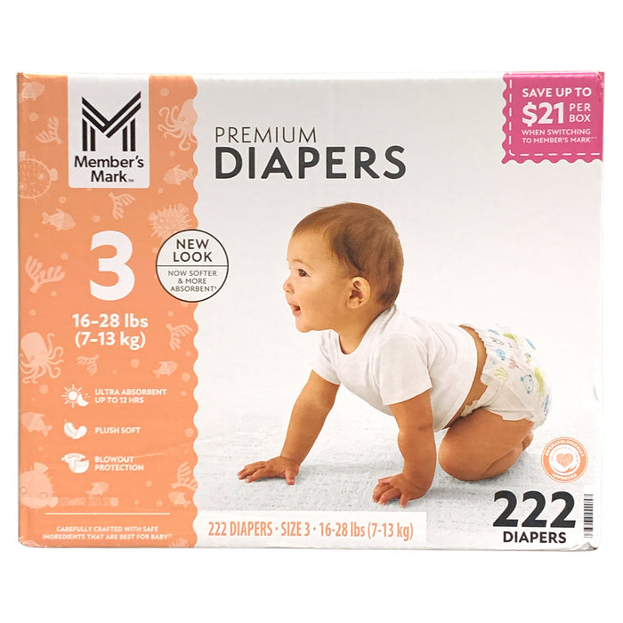 Member's Mark Premium Diapers, Hypoallergenic, Size 3 (16-28lbs.), 222 Count