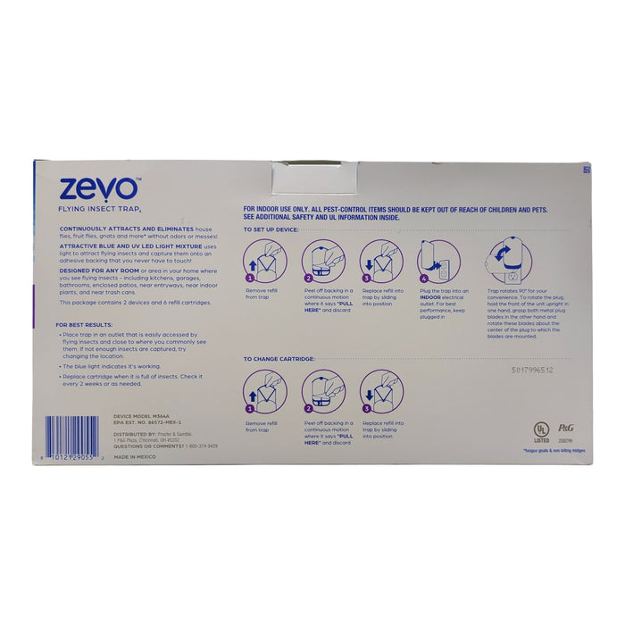 Zevo Flying Insect Trap With 2 Devices + 6 Refill Cartridges, White