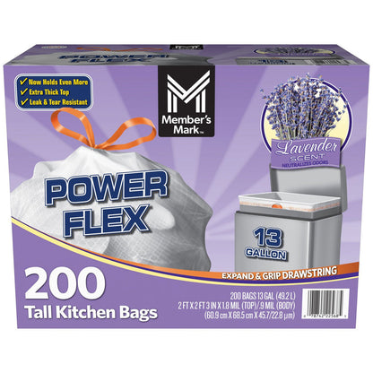 Member's Mark Power Flex 13-Gallon Tall Kitchen Trash Bags, Lavender, 200 Ct