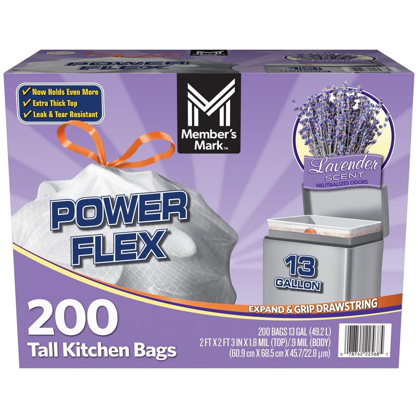 Member's Mark Power Flex 13-Gallon Tall Kitchen Trash Bags, Lavender, 200 Ct