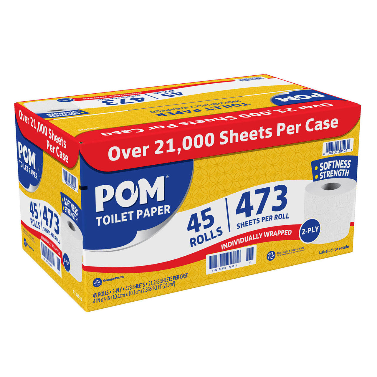 POM Embossed 2-ply Toilet Paper, White, 45 Rolls, 473 Sheets
