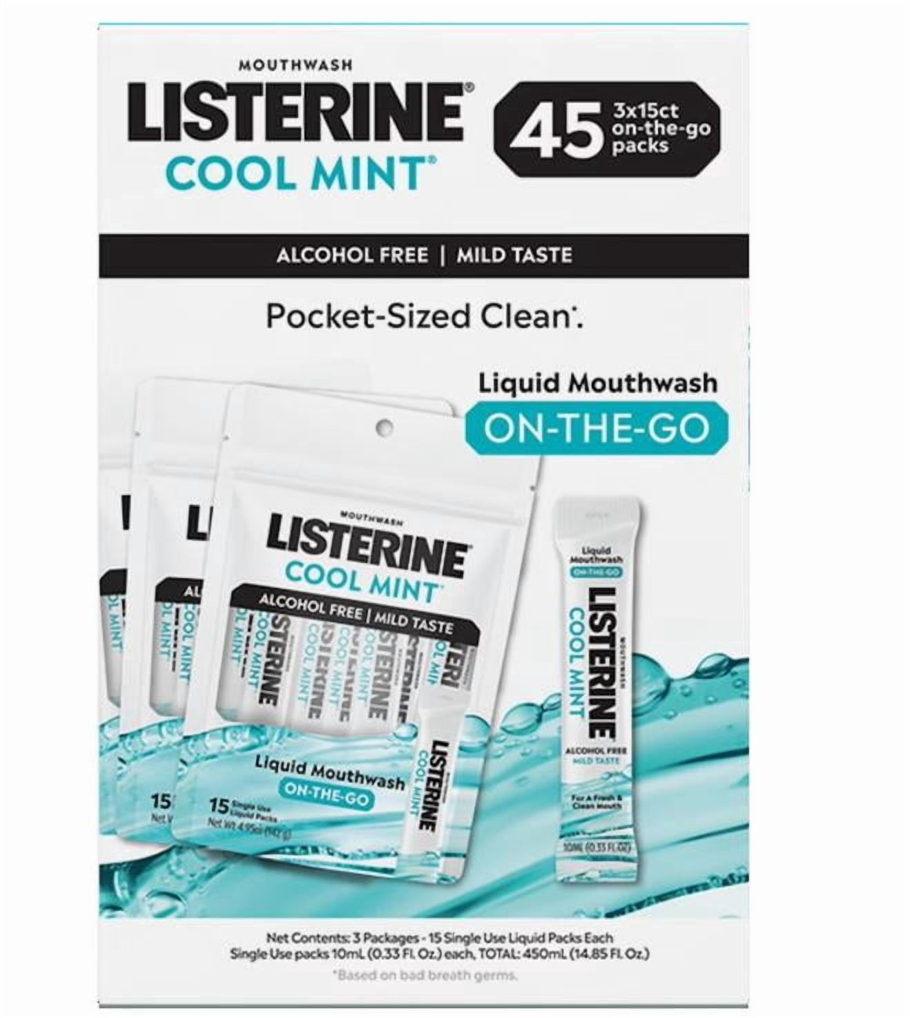 Listerine On-The-Go Cool Mint Mouthwash Sachets Alcohol Free 45 Ct