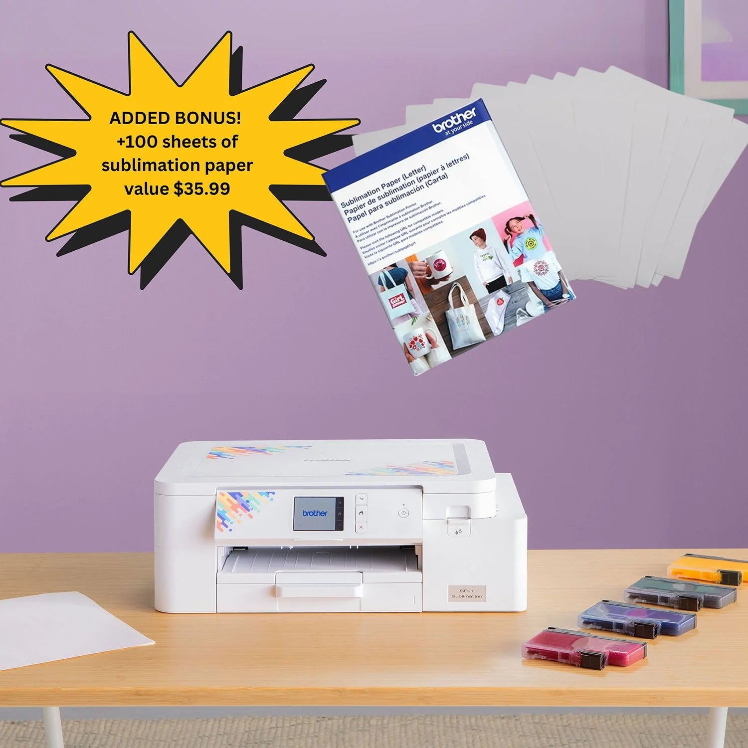 Brother Sublimation Printer, 4-Color Sublimation Ink Cartridges and 100 Sheets Sublimation Paper - Bellso