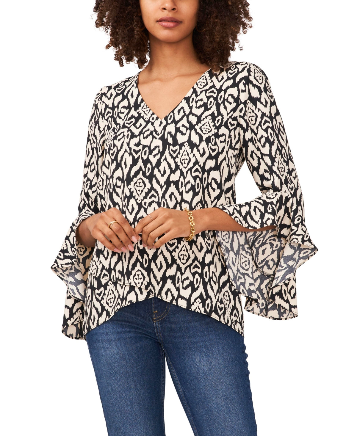 VINCE CAMUTO Womens Black Unlined Crossover Hemline Printed Bell Sleeve V Neck Blouse XS - Bellso