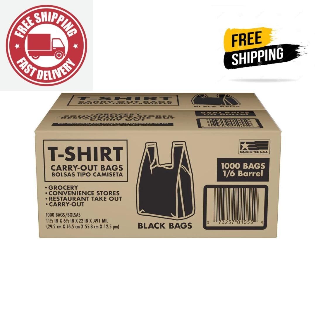 Poly America 1 000 Count Black T-Shirt Carryout Bags  11.5  X 6.5  X 22 - Bellso