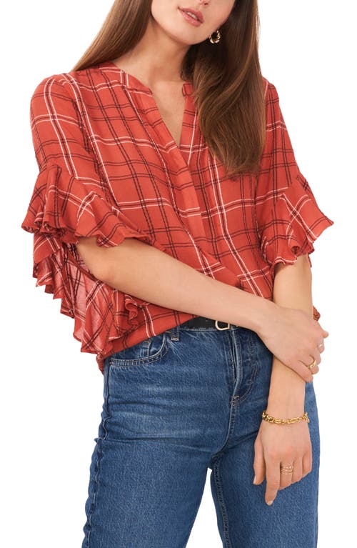 VINCE CAMUTO Womens Red Ruffled Plaid 3/4 Sleeve V Neck Top XS - Bellso
