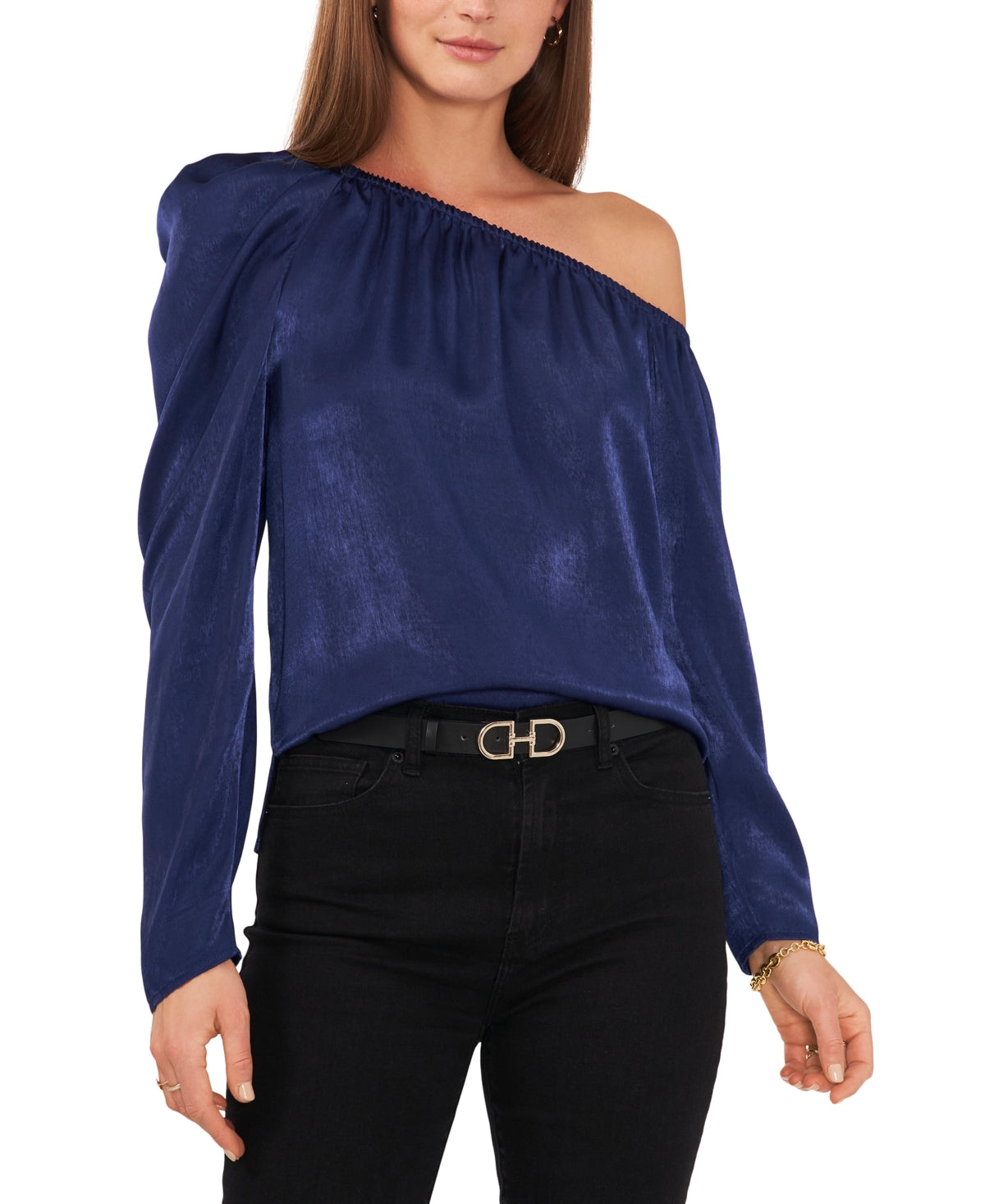 VINCE CAMUTO Womens Navy Pleated Unlined Split Hem Long Sleeve Asymmetrical Neckline Top M - Bellso