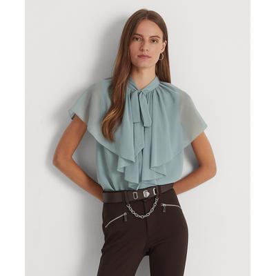 Lauren Ralph Lauren Womens Light Blue Textured Keyhole Cape Overlay Lined Flutter Sleeve Tie Neck Wear to Work Blouse Sp - All