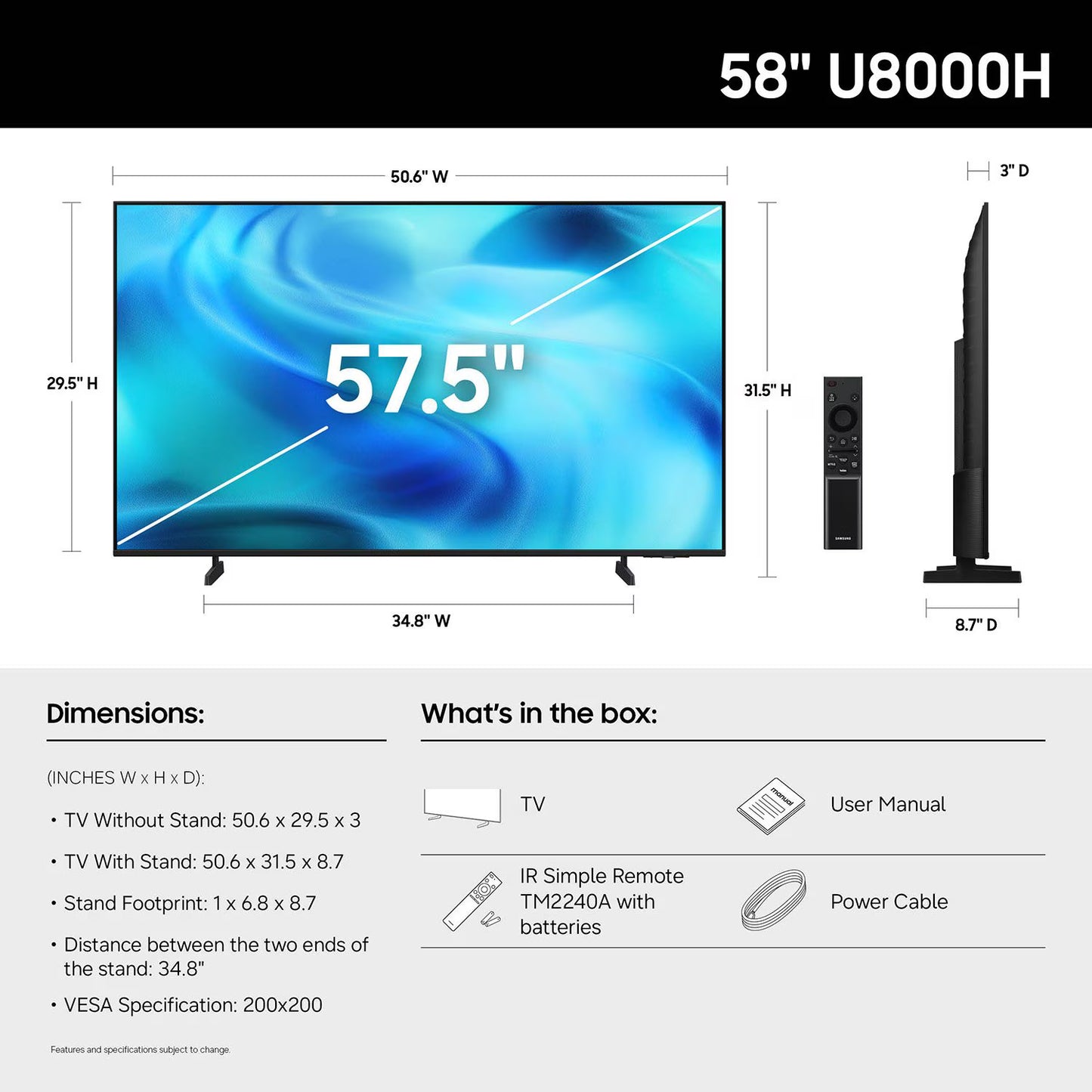 SAMSUNG 58” Class U8000H Series Crystal UHD 4K Vision AI Companion Smart Tizen TV