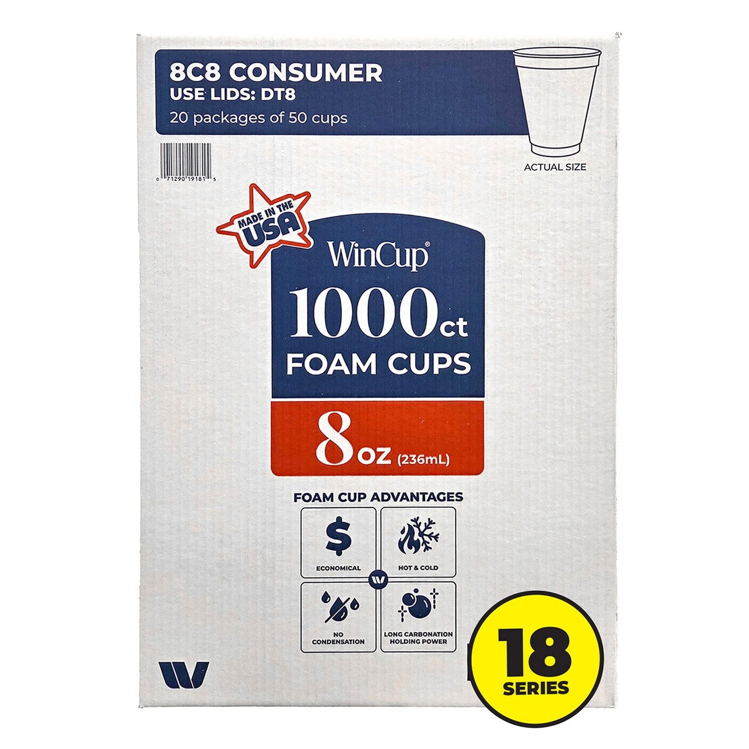 WinCup Foam Drink Cups 18 series, White, 8 oz., 1000 ct. - Bellso