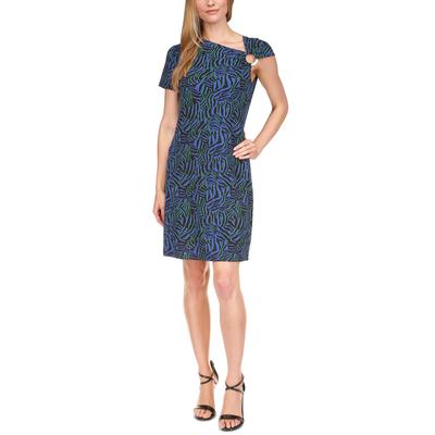 MICHAEL MICHAEL KORS Womens Blue Unlined Pullover O-ring Detail Printed Short Sleeve Asymmetrical Neckline Short Party Sheath Dress S