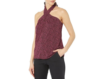 Michael Michael Kors Womens Pink Cut Out Crisscross Open Back Animal Print Sleeveless Halter Cocktail Top - Bellso