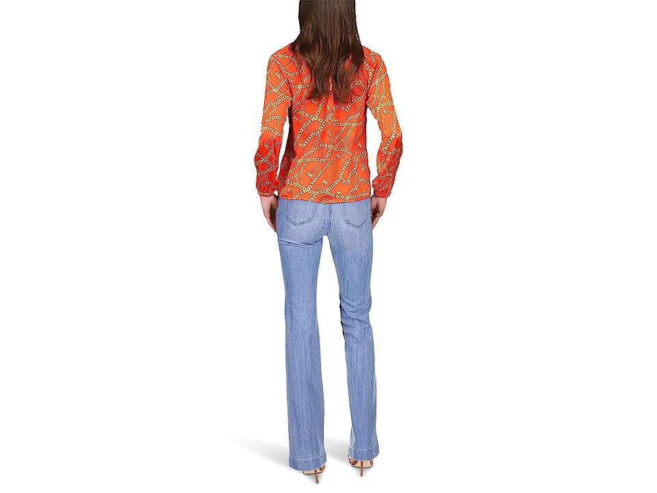 Michael Michael Kors Womens Orange Gathered Unlined Chain Tie Logo Graphic Long Sleeve Split Top Xs - All - Bellso
