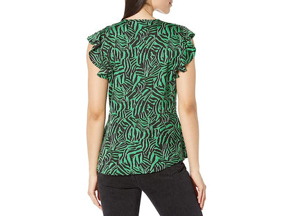 Michael Michael Kors Womens Green Zippered Ruffled Flutter Sleeve V Neck Blouse S - All - Bellso