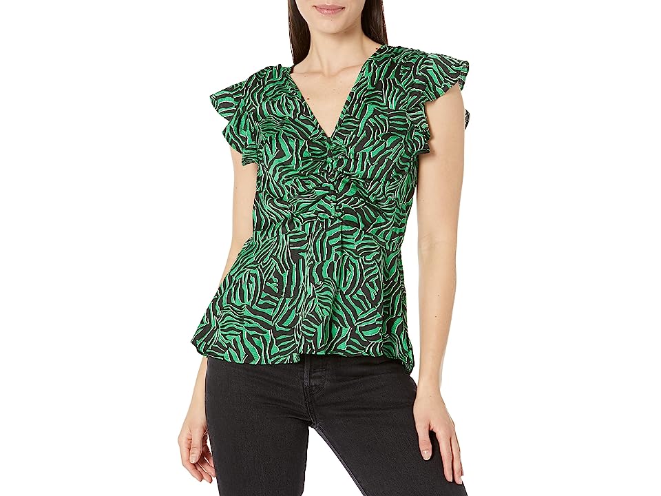 Michael Michael Kors Womens Green Zippered Ruffled Flutter Sleeve V Neck Blouse S - All - Bellso