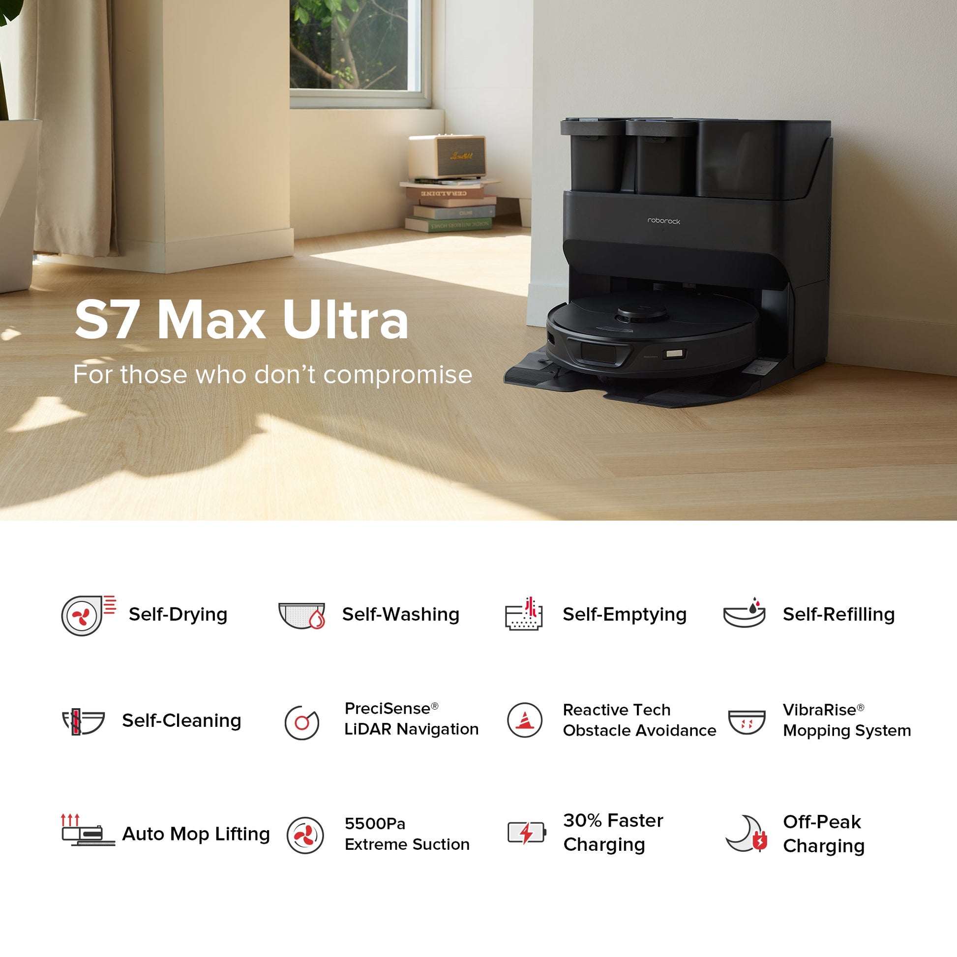 Roborock S7 Max Ultra Robot Vacuum White: Smart Mapping, Self-Emptying, Tangle-Free, Pet Hair, Multi-Surface, App Control - Bellso