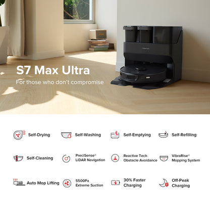 Roborock S7 Max Ultra Robot Vacuum White: Smart Mapping, Self-Emptying, Tangle-Free, Pet Hair, Multi-Surface, App Control - Bellso